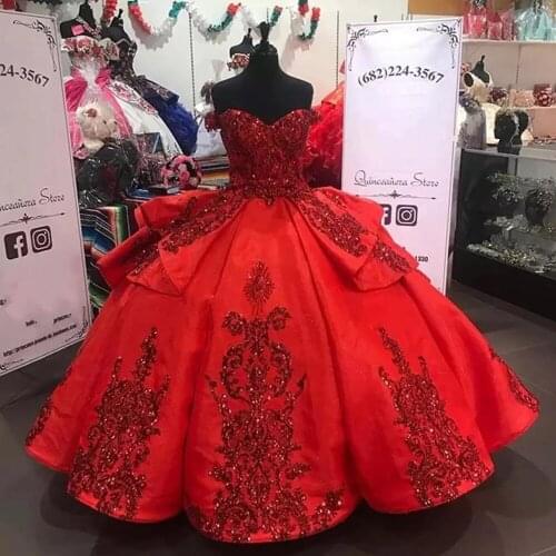 Gorgeous Red Sequins Princess Quinceanera Dresses Tiered Lace Appliques Satin Sweet 16 Formales Gowns Vestidos De 15 Años 2021