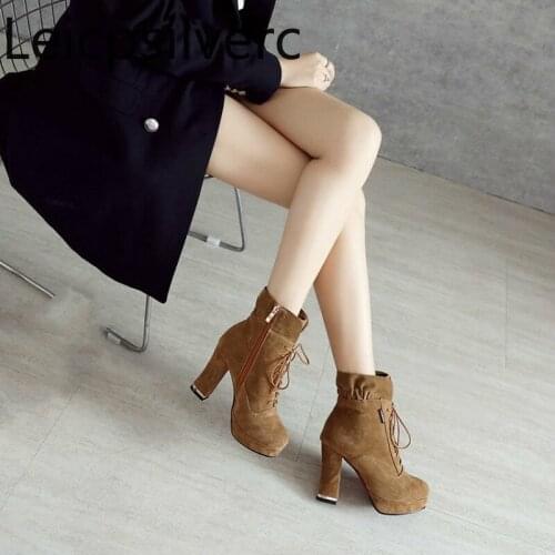 Womens Boots winter The New Flock Round head Lace-up zipper Thick heel High heel Short tube Womens shoes plus size 34-43