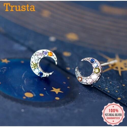 Trusta Authentic 925 Sterling Silver Sweet Color Zircon Tiny Moon Stud Earrings for Women Sterling Silver Jewelry Gift DA741