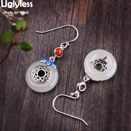 Uglyless China Chic Peace Button Earrings for Women Natural Jade Dangle Earrings Enamel Ethnic Hollow Brincos 925 Silver E1493