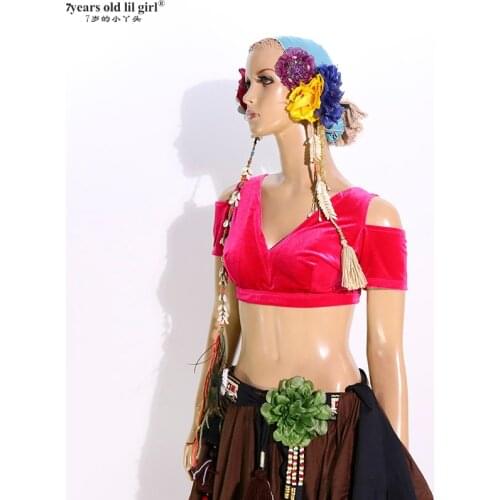 7years Old Lil Girl 2021 Velvet Fat Chance Tribal Choli Belly Dance Costume Drop Sleeve Top CJJ48
