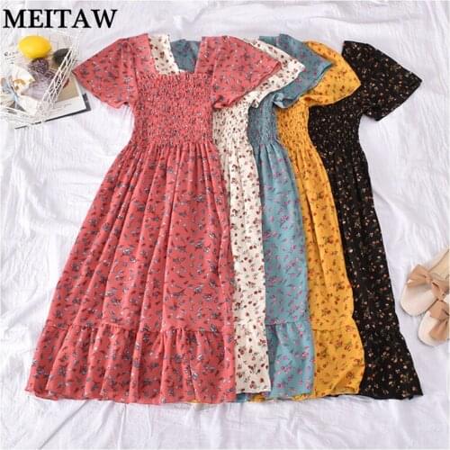 2021 Summer Women Floral Print Dress Elegant Ruffle Party Dresses Vintage Korean Short Sleeve Square Collar Midi Dress
