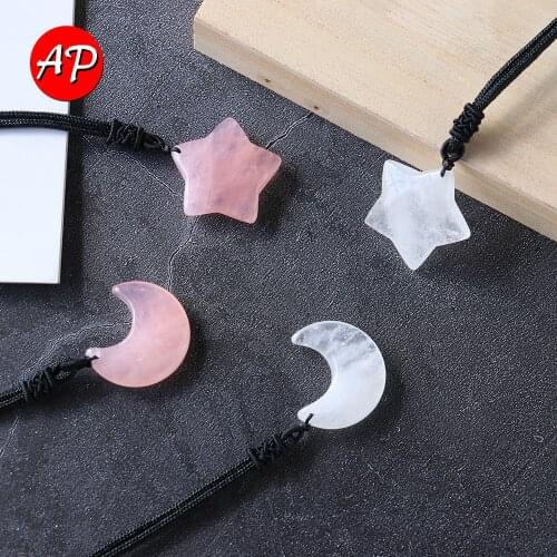 1pc Natural Crystal Pink Gem Stars Pendant Rose Quartz Moon Shape Necklace Aura Mineral Daughter Gift