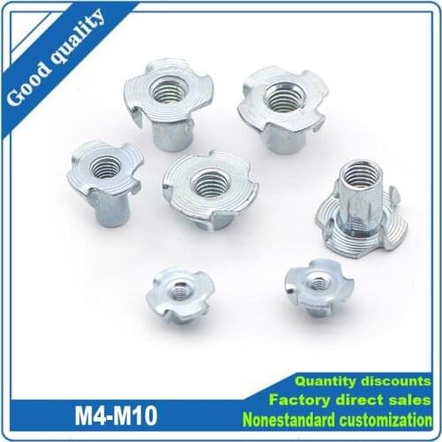 10pcs M4 M5 M6 M8 M10 Thickened Steel Four Claws Speaker Nut Blind Pronged Insert T-Nut for Wood Furniture Length=8-16mm