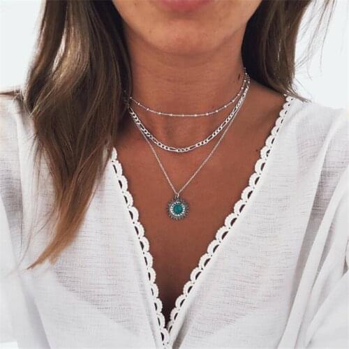 12Pcs/lot Multi-Layer Geometric Chain Pendant Necklace for Women