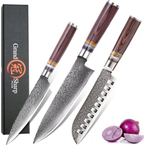 3 Pcs Chef Knife Set Japanese Damascus Steel Kitchen Knives Home Cooking Tools Japanese Santoku Slicing Sushi Sashimi Vegetables