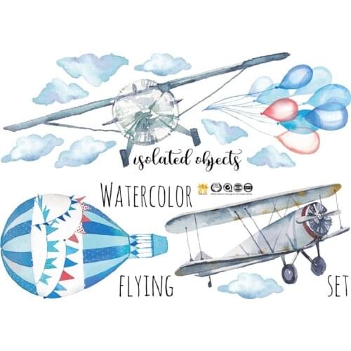 Large Watercolor Hand-painted Airplane Balloon Children Room Wall Stickers for Kindergarten Wall Decor Plane Flying room mural
