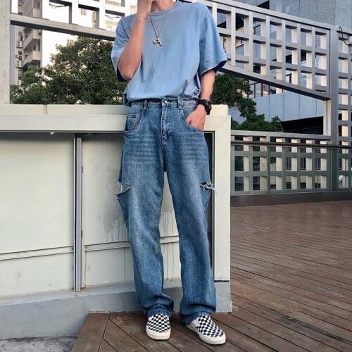 Wholesale 2021 Washing knife cut hole jeans female retro port taste hip hop straight wide leg jeans loose high waist trousers