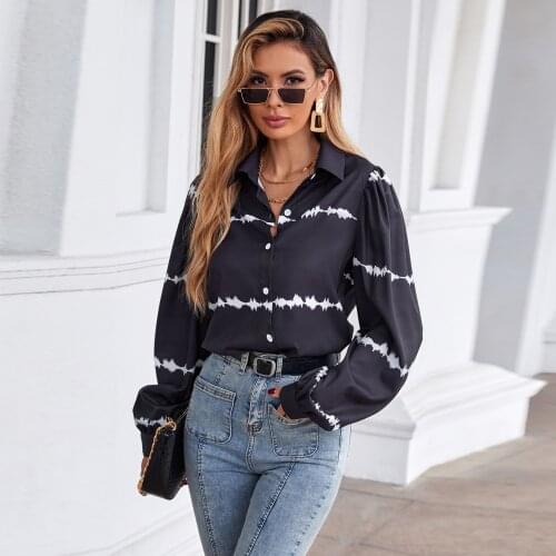 Elegant Shirt Women New Printing V-neck Lantern Sleeves Single Breasted Button Top Slim Office Lady Turn-down Collar blusas