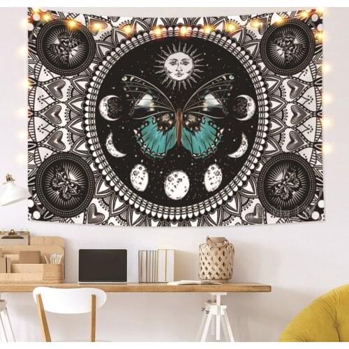 Butterlfy Tapestry Moon Phase Wall Hangings Black White Wall Tapestry Divination Wall Hanger Black Ground Cloth