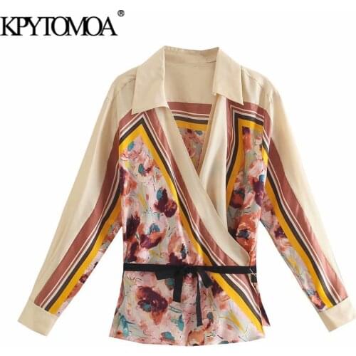 KPYTOMOA Women 2021 Fashion With Ties Patchwork Printed Wrap Cozy Blouses Vintage Cuffed Long Sleeves Female Shirts Chic Tops