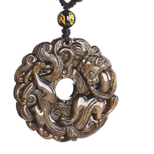 Natural Stone Pendant Obsidian Necklace Black Gold Color Harmony Blessing Peace Carving Pixiu Brave Troops Amulets And Talismans