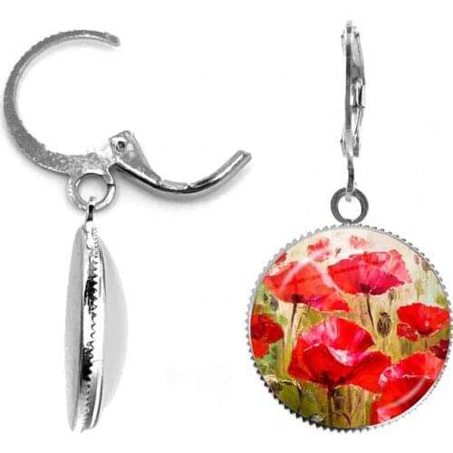 Fashion Poppy Flowers Pattern Silver Color Hook Earring Beautiful Poppy Glass Dome Cabochon Fashion Jewelry for Women Girls Gift