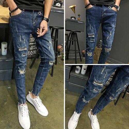Mens jeans 2020 Fashion thin teenagers cowboy ripped hole slim fit stretch pencil pants hip hop casual ankle length pants tide
