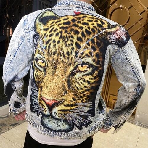Mens 3D Embroidery Leopard Printed Denim Jeans Sukajan Souvenir Flight Jacket Bomber Coat Chic Outwear Oversize