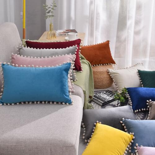 30*50cm Oblong Soft Velvet Cushion Cover With Pompom Ball Solid Pillow Cover Home Bedroom Sofa Decoration Pillow Cases