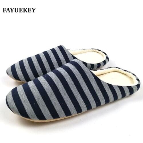 FAYUEKEY 2018 New Soft Sole Spring Autumn Winter Warm Home Cotton Plush Striped Slippers Men Indoor\ Floor Flat Shoes Boys Gift