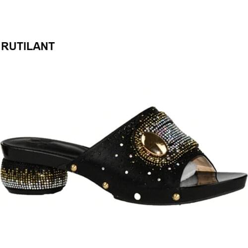 New Black Color African Wedding Shoes Open Toe Ladies Sandals Shoes Party Wedding Shoes Decorated with Rhinestone Nigerian Shoes