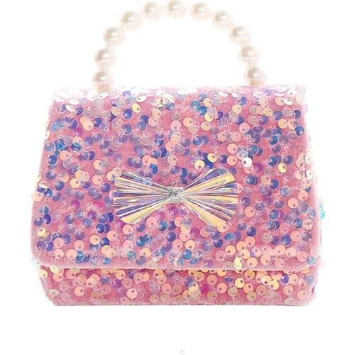 Girls Shiny Sequin Princess Crossbody Bag Cute Pearl Handle Bow Decor Handbag Portable Phone Key Storage Shoulder Bag with Chain