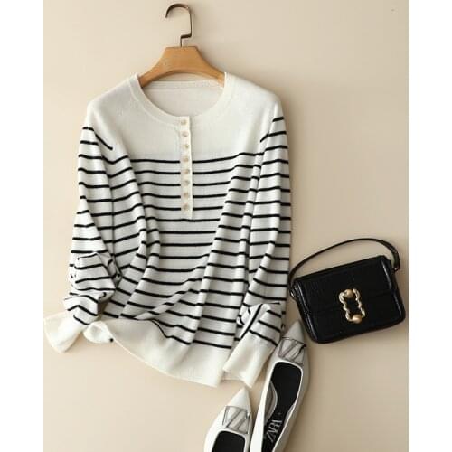 2021 auutmn winter womens 100% cashmere buttons striped sweaters long sleeve crew neck softness casual jumper tops