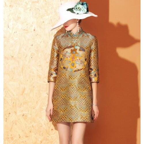 Chinese Style Cheongsam Dress Women Summer Flower Dragon Embroidery Vintage Sexy Mini Dress Tang Suit Qi Pao Vestido