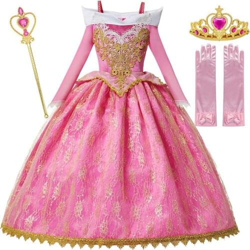 Disney Sleeping Beauty Dress Pink Girls Aurora Dress Costume Cosplay Long Dress Halloween Birthday Fancy Princess Party Outfits