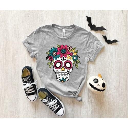For Sugar Skull Flower Crown Day Dead Halloween Shirts Fashion 100% Cotton O Neck Female Clothing Casual Female Clothes Unisex