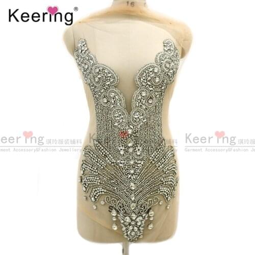 Hand-made Silver And Champagne Color Rhinestone Bodice appliqe for wedding Panel WDP-245