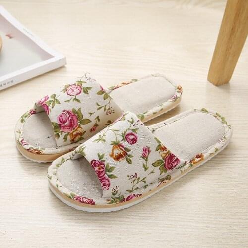 Women Casual Floral Indoor Home Slippers Flower Soft Slippers Spring Autumn Flip Flops Female Linen Slides Slippers