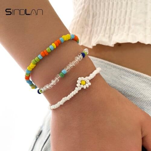 Sindlan 3Pcs Boho Multi Color Flower Beaded Chain Bracelet for Women Kpop Cute Geometric Set Female Y2k Fashion Jewelry Pulseras