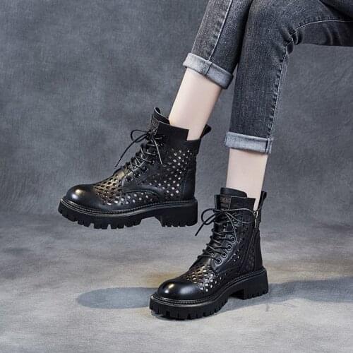 Spring The New Hollow Out PU Female Bare Boots Fashion Black Thick Bottom Womens Boots Lace All-match Mid Boots Boots Fur Boots