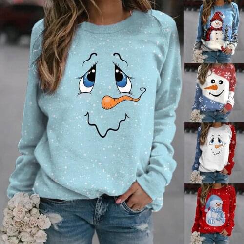 Snowman print Womens Casual Christmas Sweatshirts Thermal Crewneck Long Sleeve T-Shirts Loose among us t shirt cute cartoon F4