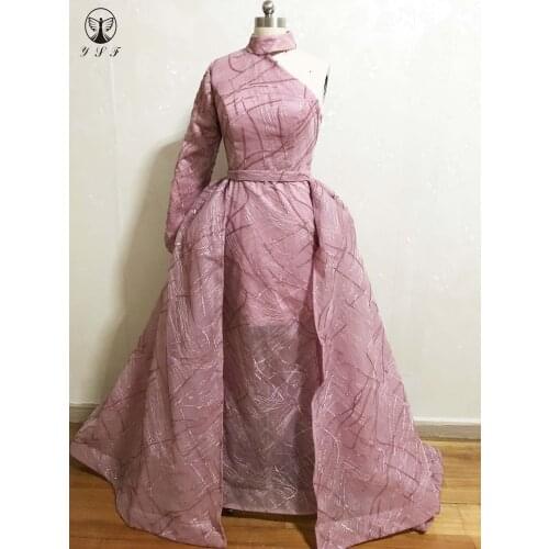 2020 Vintage Vestidos De Fiesta Dark Rose High Collar One Shoulder Long Sleeve Lace Sheath Evening Dresses with Overskirt