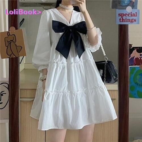 Lolibook Summer Preppy Style Cute Harajuku Vintage Outfits Oversize Streetwear White Dress Women Kawaii Bow Mini Dresses