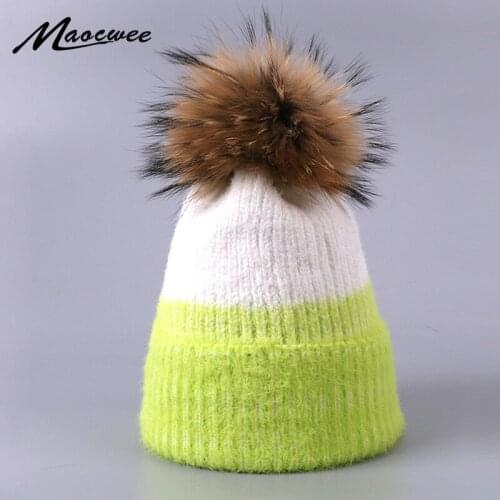 Winter Female Real Fur Pom Poms Hat For Women Men Knitted Crochet Beanie Ski Cap Warm Thick Outdoor Solid Color Skullies Beanies