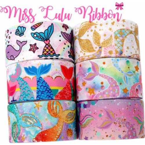 16mm-75mm Cartoon Mermaid Tail Series Colorful Scale Starfish Rainbow Printed Grosgrain/Elastic Ribbon DIY Hair Bow 50yards/roll