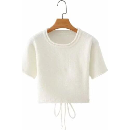 2021 Basic Summer White Sweater Pullover Women Female Knitted Behind Frenulum Slim Short Sleeve Badycon Chic Top