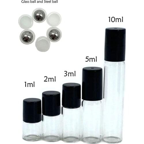 5pcs/Bag 1ml 2ml 3ml 5ml 10ml Clear / Amber Glass Roll on Bottle with Metal Ball Thin Glass Roller Essential Oil Vials Perfume