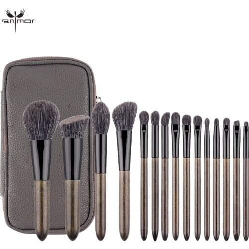 Anmor 15Pcs Makeup Brushes Set Professional Wooden Foundation Eyeshadow Eyebrow Portable Make Up Brush With Cosmetic Bag