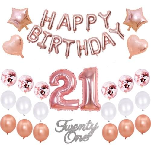Happy Birthday Decor 21st Birthday Rose Gold 21 Years Flag Anniversaire Background Foil Ballons Birthday Party Decor Supplies