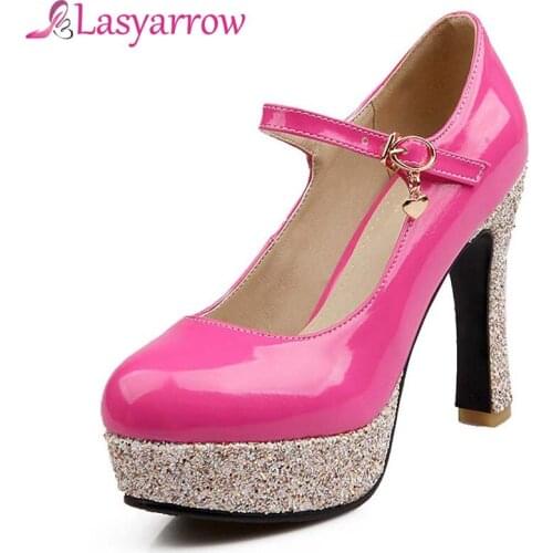 Lasyarrow Bling Bling Thick High Heels Platform Round Toe Womens Pumps Shallow Mouth Buckle Strap Ladies Party Wedding Shoes