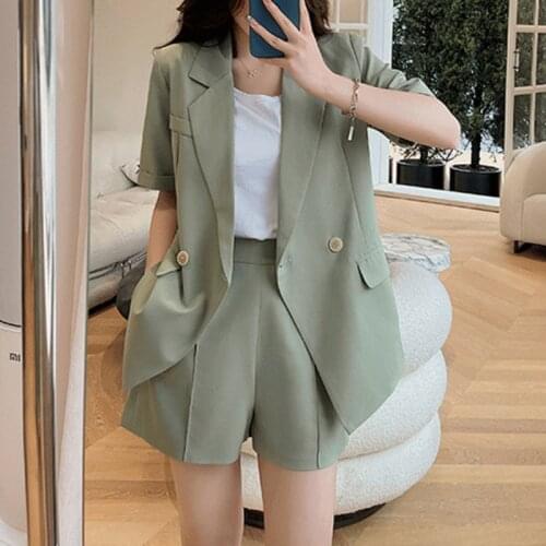 Summer Fashion Office Women Shorts Suit 2021 Solid Color Short-Sleeved Blazer Two-Piece Set Female Suit
