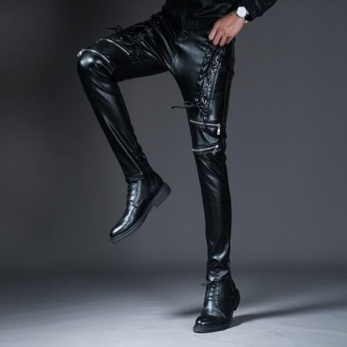 2021 Personalized Mens Leather Pants Youth Trending Locomotive Slim Feet PU Leather Pants