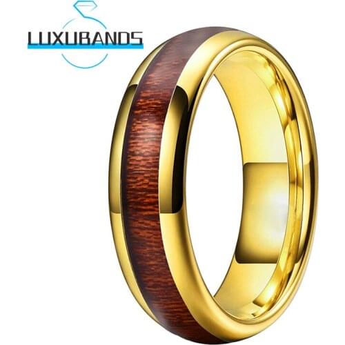 Gold 6MM Men Womens Wedding Rings Tungsten Carbide Engagement Domed Bands Wood Inlay Polished Finished Comfort Fit