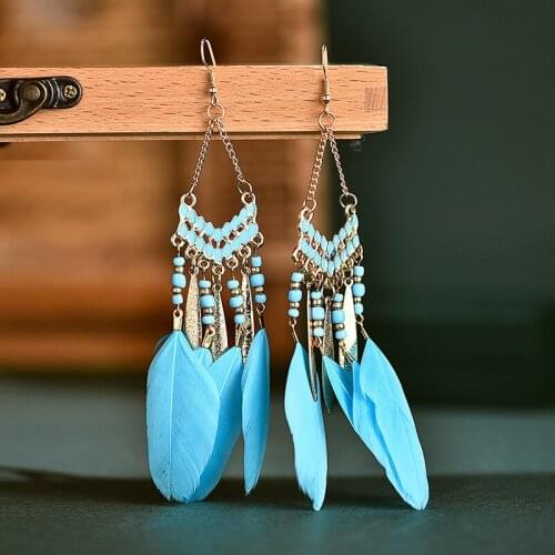 Retro Color Ethnic Acrylic Rainbow Beads Feather Drop Long Earrings for Women Wedding Earrings Boho Jewelry for Indian Jewelry