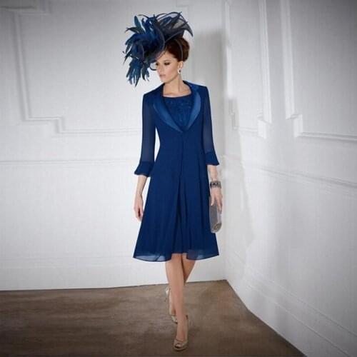 2020 Royal Blue Chiffon Mother Of The Bride Dresses Scoop Neck Sleeveless Top Lace A Line Knee Length Mother Dress with Jacket
