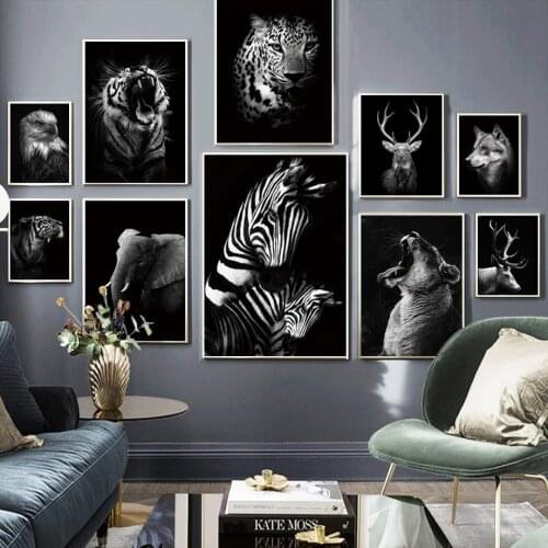 Nordic Animal Lion Tiger Zebra Elephant Poster Black and White Print Canvas Painting Wall Art Picture for Living Room Decoration