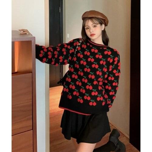 22 Store 2021 Autumn Winter Cherry Sweater Women Long Sleeve O-neck Pull Femme Causal Korean Oversized Knitted Pullovers
