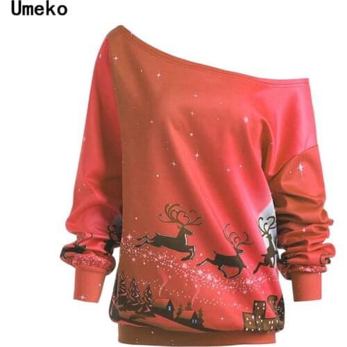 Umeko Christmas Deer Pattern Long Sleeve One Shoulder Pullovers Women Winter Fall Fashion Lovely Sweatshirts Ladies Tops Clothes