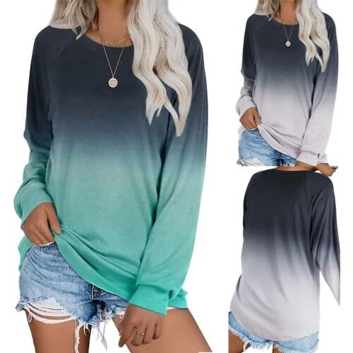 Womens round neck long-sleeved gradient color cotton and linen series casual comfortable loose T-shirt